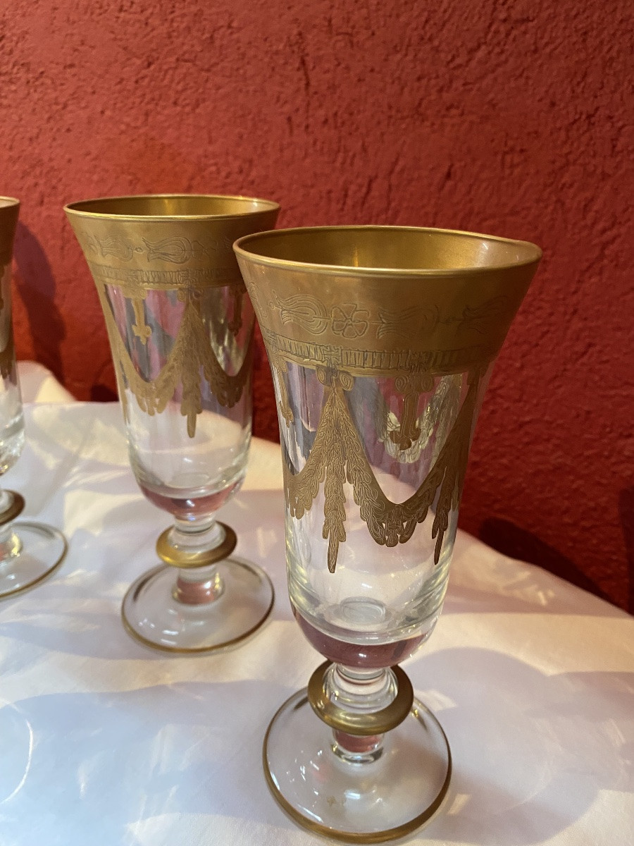 Cristal De  Murano    30 Verres   2  Carafes  Vin  1 à Eau   Décor A La Feuille d'Or  état Neuf-photo-7