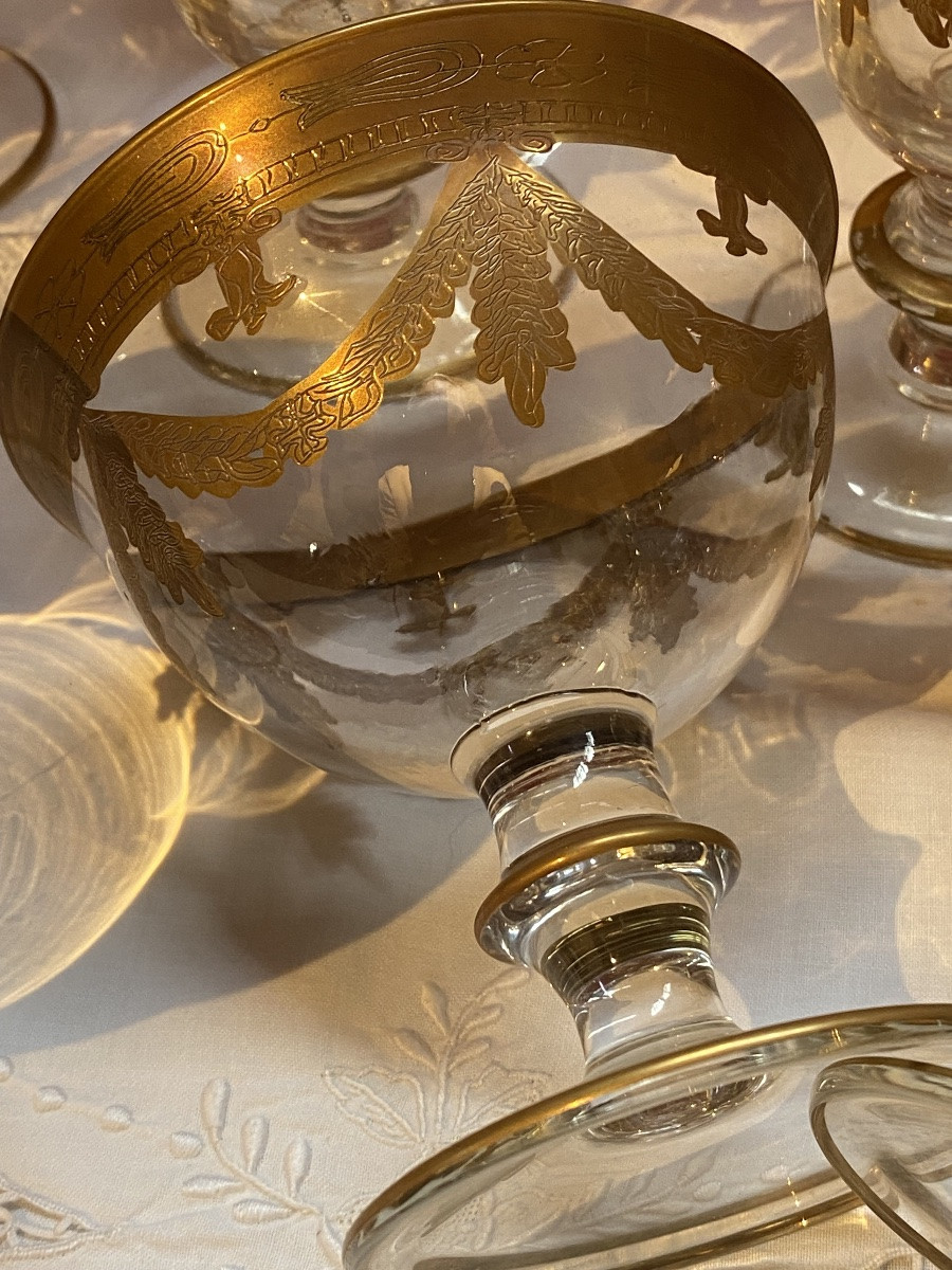 Cristal De  Murano    30 Verres   2  Carafes  Vin  1 à Eau   Décor A La Feuille d'Or  état Neuf-photo-8