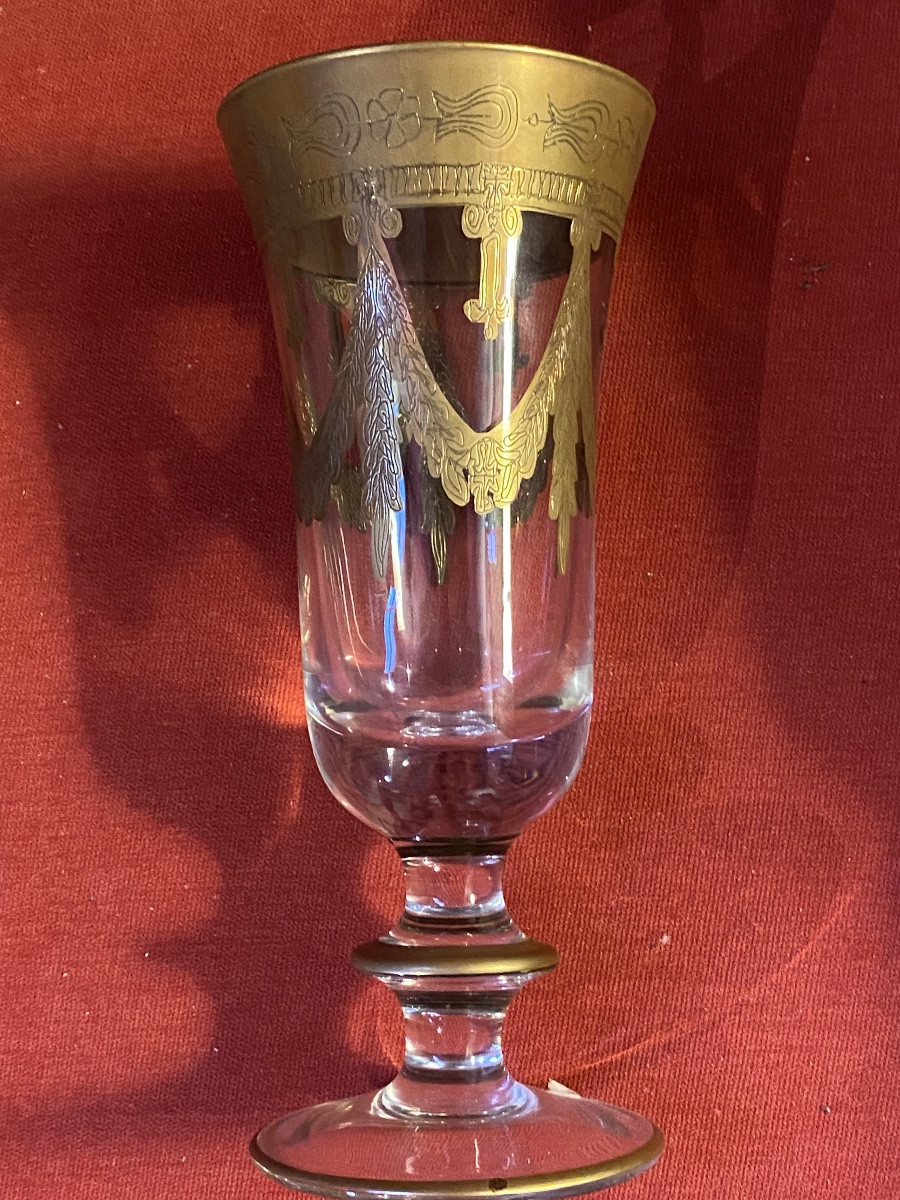 Murano Crystal 30 Glasses 2 Wine Carafes 1 Water Carafe Gold Leaf Decor Mint Condition-photo-2