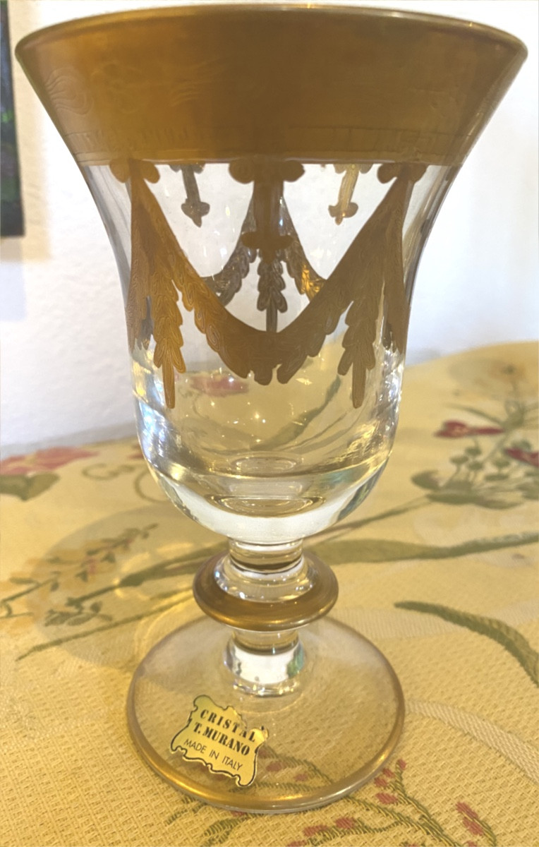 Murano Crystal 30 Glasses 2 Wine Carafes 1 Water Carafe Gold Leaf Decor Mint Condition-photo-4