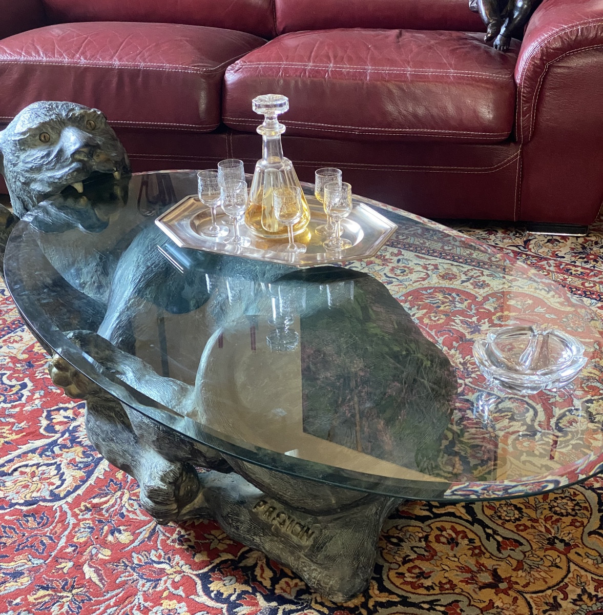 Sculpture   de Tigre  En  Bronze   Marque De Fonderie   Base Pour  Table Basse  à verre oval-photo-2