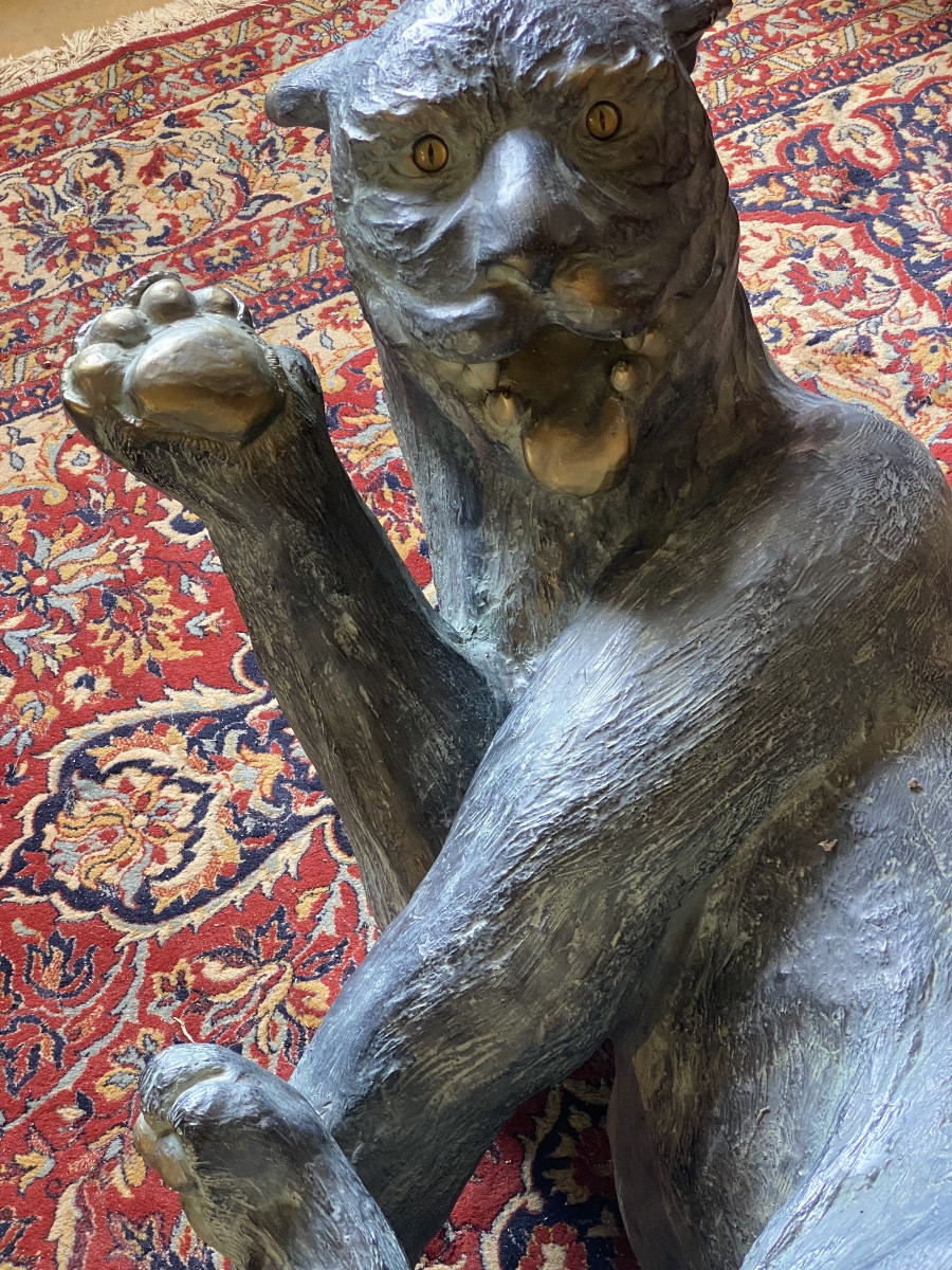Sculpture   de Tigre  En  Bronze   Marque De Fonderie   Base Pour  Table Basse  à verre oval-photo-3
