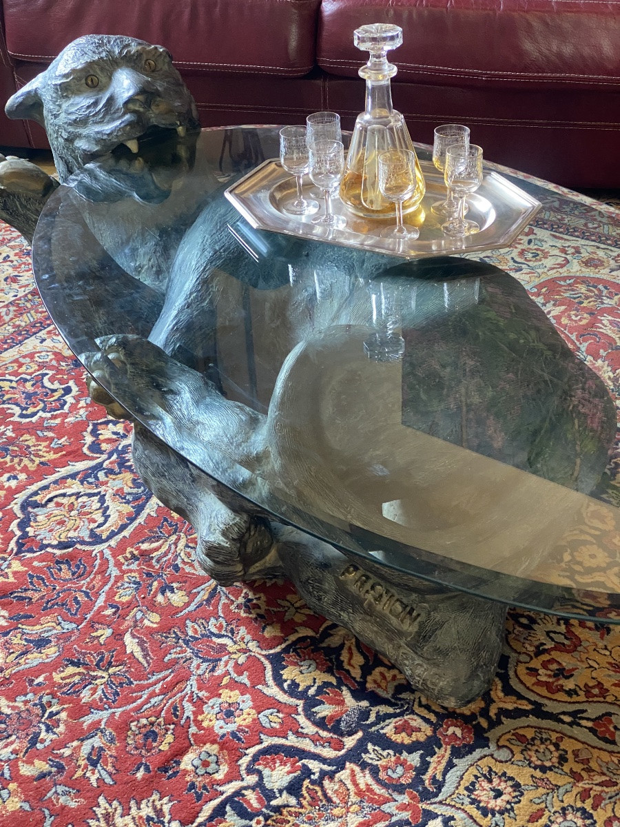 Sculpture   de Tigre  En  Bronze   Marque De Fonderie   Base Pour  Table Basse  à verre oval-photo-2