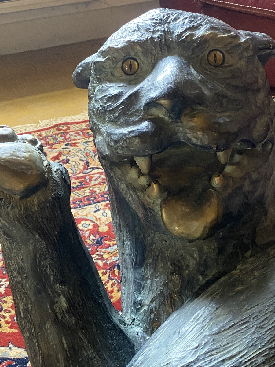Sculpture   de Tigre  En  Bronze   Marque De Fonderie   Base Pour  Table Basse  à verre oval-photo-4