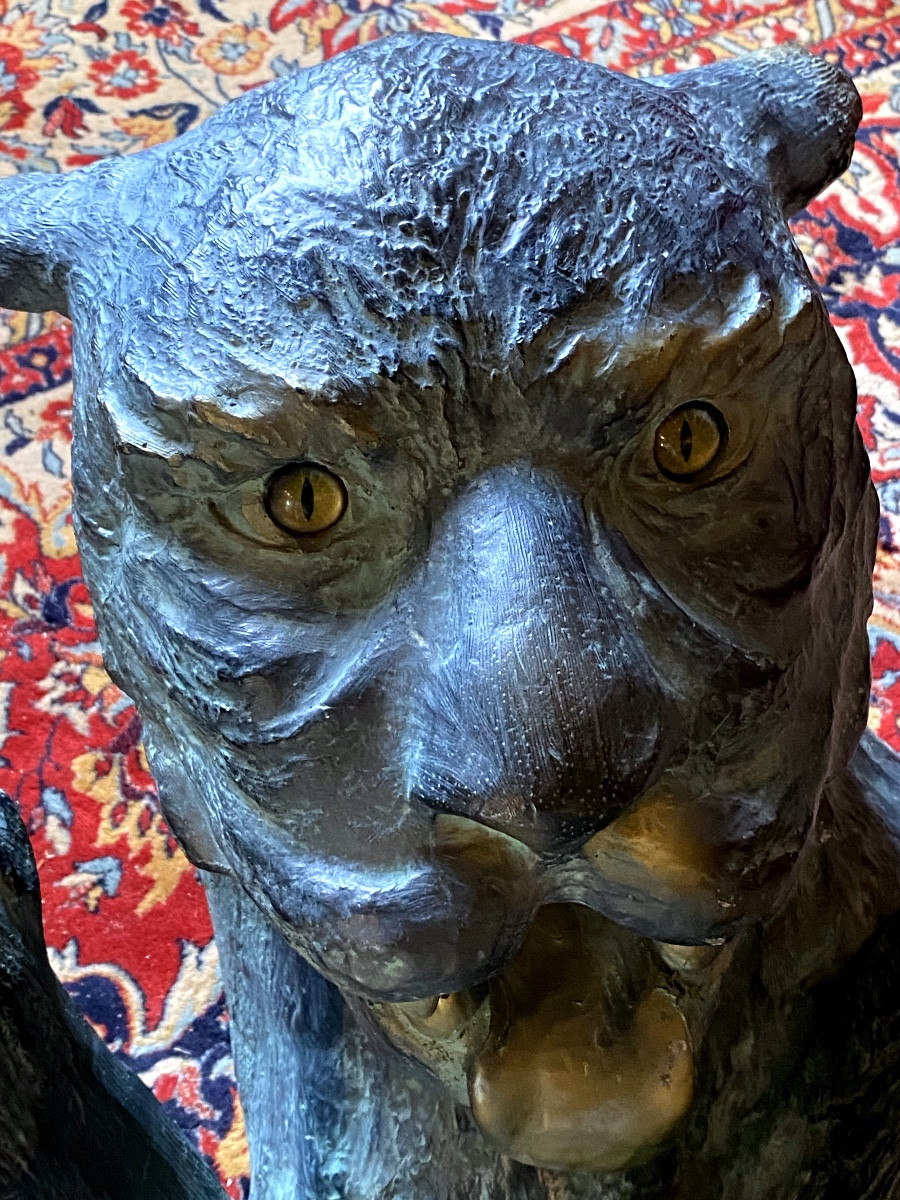 Sculpture   de Tigre  En  Bronze   Marque De Fonderie   Base Pour  Table Basse  à verre oval-photo-7
