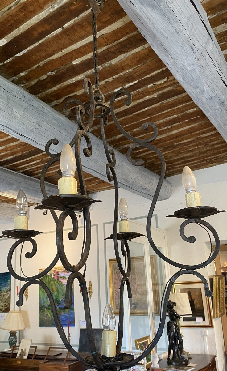 19th Century Cage Chandelier In Wrought Iron With Five Lights  -photo-2