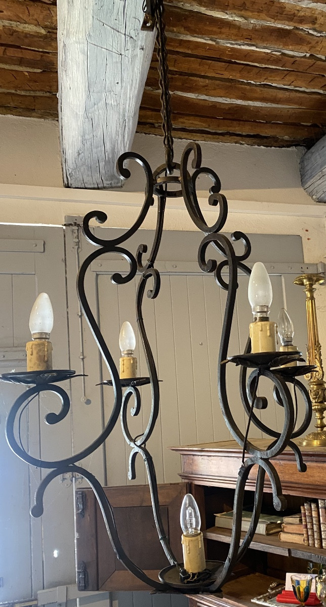 19th Century Cage Chandelier In Wrought Iron With Five Lights  