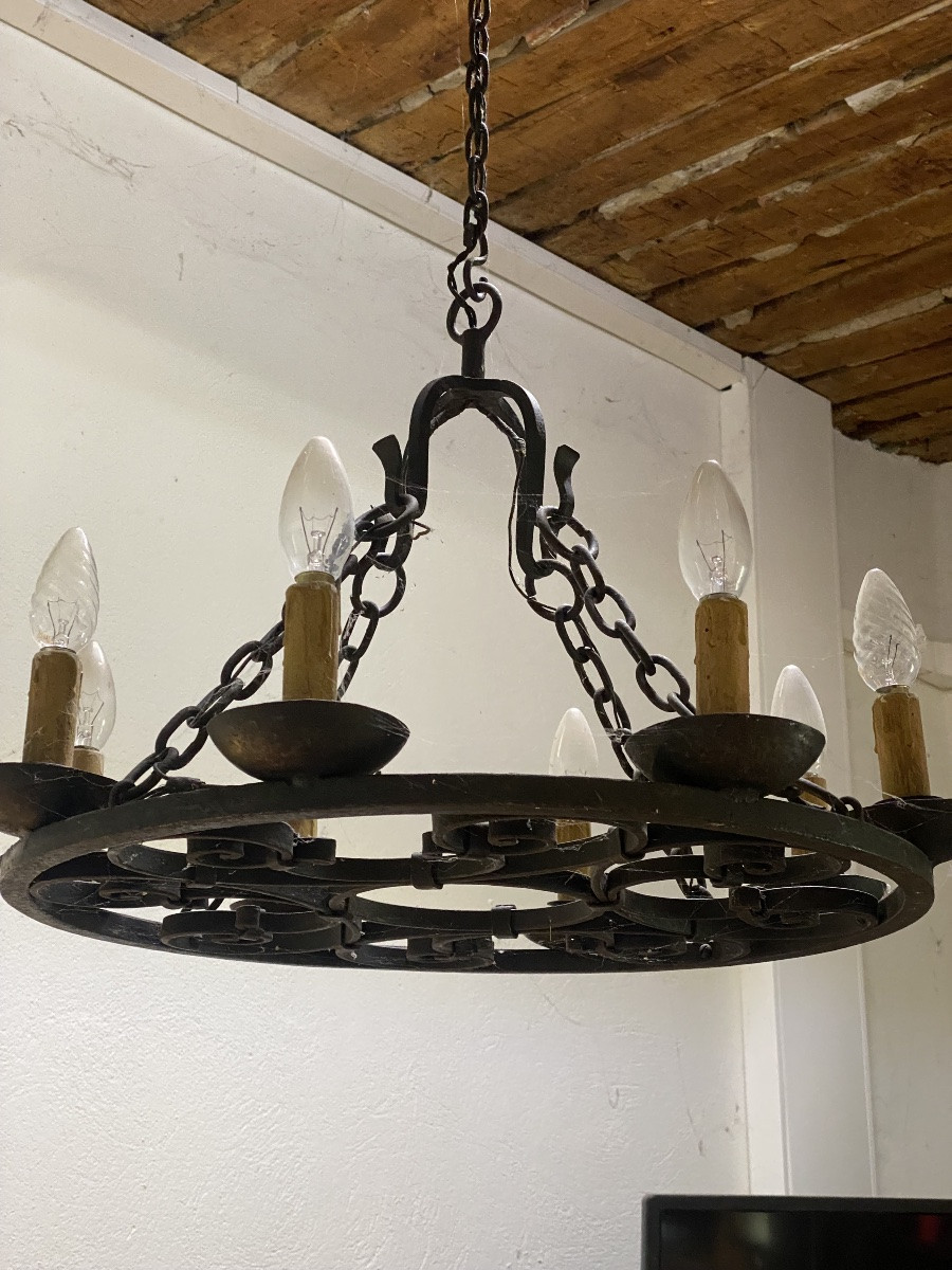 Lustre   Circulaire  XXème   En Fer Forgé    à   Huit     Lumieres -photo-4
