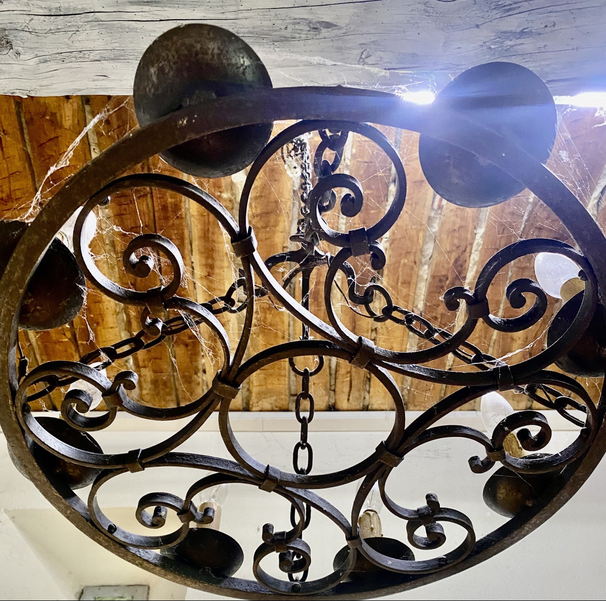 Lustre   Circulaire  XXème   En Fer Forgé    à   Huit     Lumieres -photo-3
