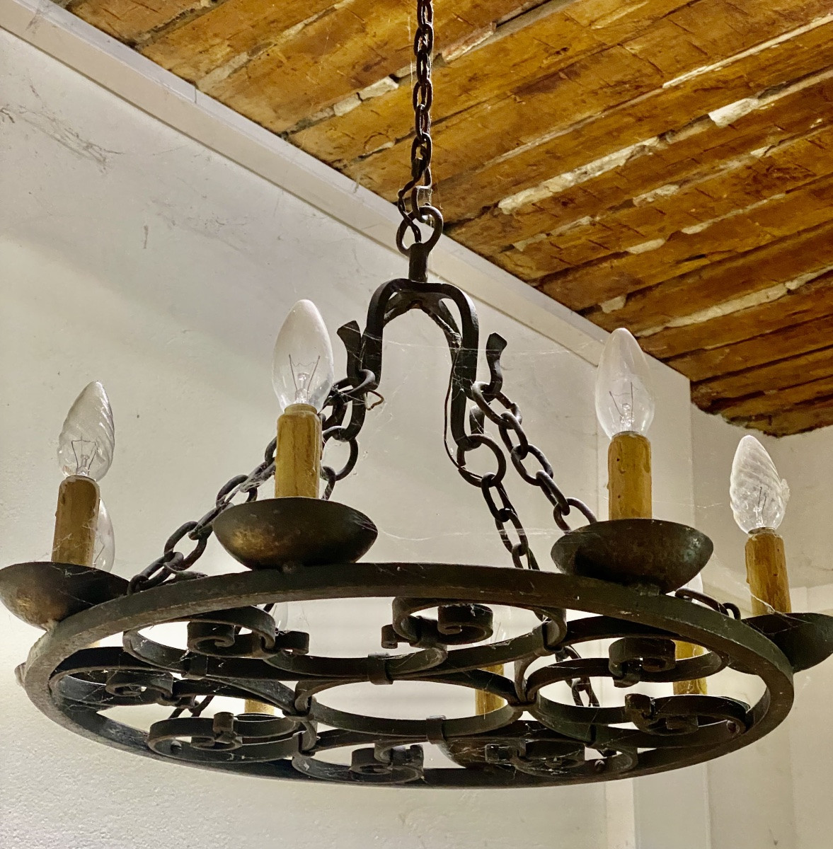 Lustre   Circulaire  XXème   En Fer Forgé    à   Huit     Lumieres -photo-6