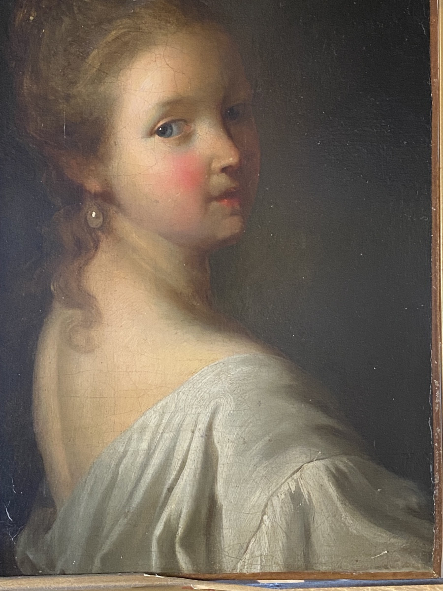 PORTRAIT   HST,  de  JEUNE FILLE   ATTRIBUÉ  à   ALEXIS  GRIMOU  XVIII è  TRACE DE SIGNATURE 