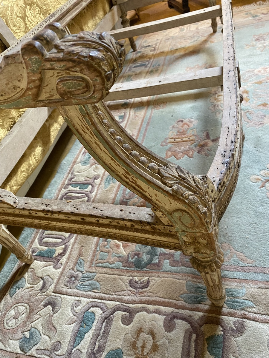 BANQUETTE  PROVENÇALE  LOUIS XVI   CERUSÉE  SAFRAN  VERT  ,BLANC   RICHEMENT SCULPTÉE À  GARNIR-photo-1