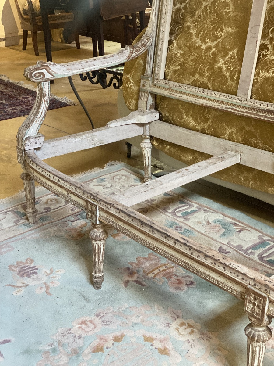 BANQUETTE  PROVENÇALE  LOUIS XVI   CERUSÉE  SAFRAN  VERT  ,BLANC   RICHEMENT SCULPTÉE À  GARNIR-photo-3