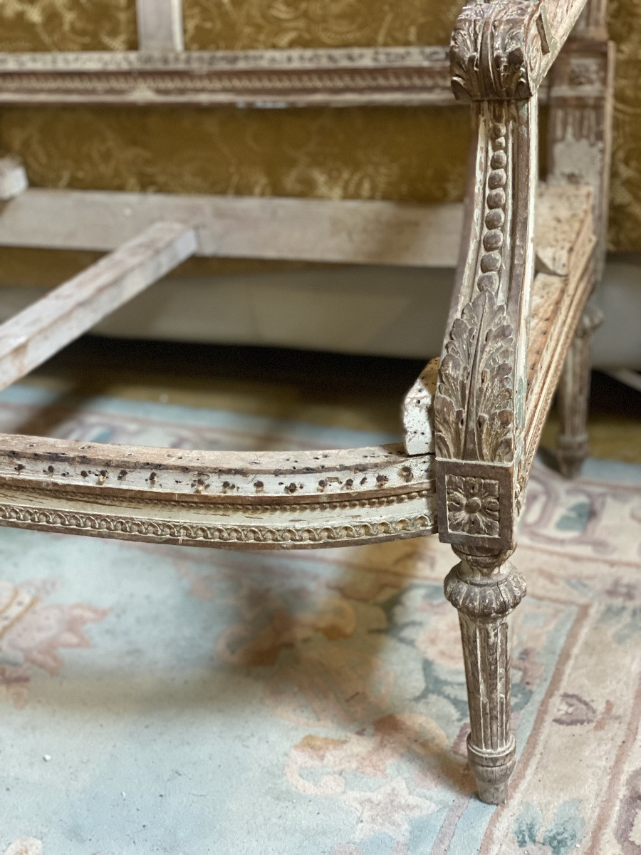 BANQUETTE  PROVENÇALE  LOUIS XVI   CERUSÉE  SAFRAN  VERT  ,BLANC   RICHEMENT SCULPTÉE À  GARNIR-photo-4