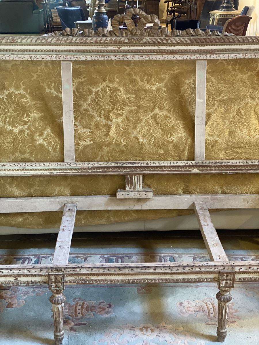 BANQUETTE  PROVENÇALE  LOUIS XVI   CERUSÉE  SAFRAN  VERT  ,BLANC   RICHEMENT SCULPTÉE À  GARNIR-photo-6