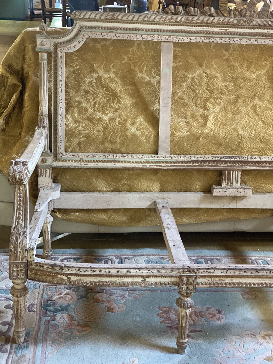 BANQUETTE  PROVENÇALE  LOUIS XVI   CERUSÉE  SAFRAN  VERT  ,BLANC   RICHEMENT SCULPTÉE À  GARNIR-photo-7