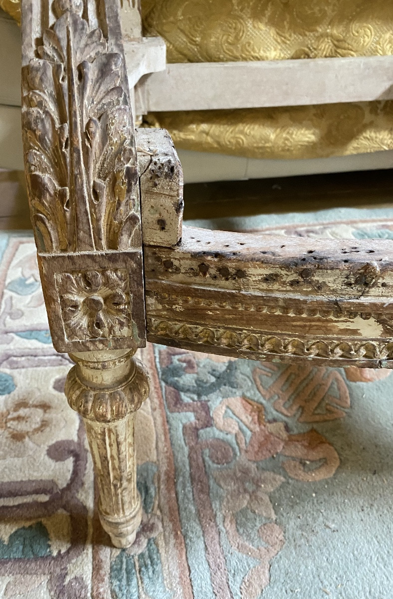 BANQUETTE  PROVENÇALE  LOUIS XVI   CERUSÉE  SAFRAN  VERT  ,BLANC   RICHEMENT SCULPTÉE À  GARNIR-photo-8