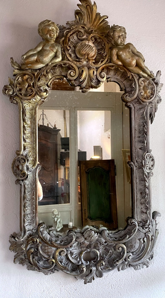   GRAND MIRROIR XIX ème  EN BOIS  PEINT  RICHEMENT SCULPTÉ DE  DEUX PUTTI  -photo-7