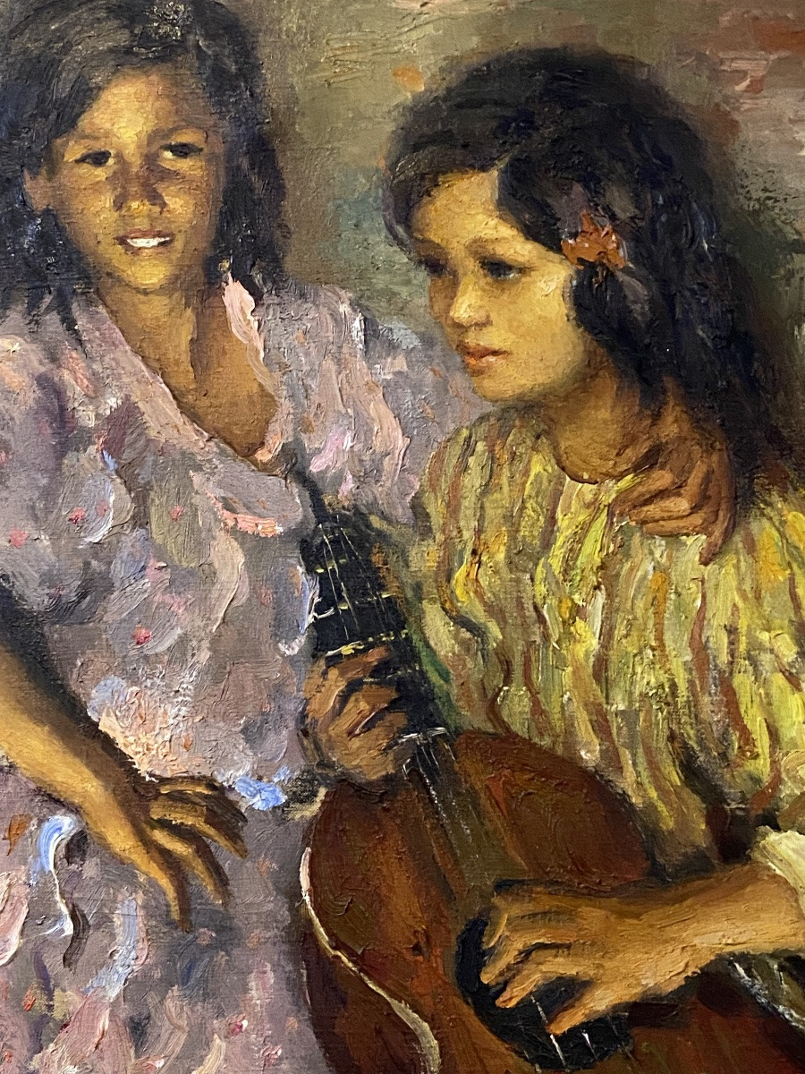 Hst Impressionist Painting Of Two Young Gypsy Women Signed Dyf-photo-3
