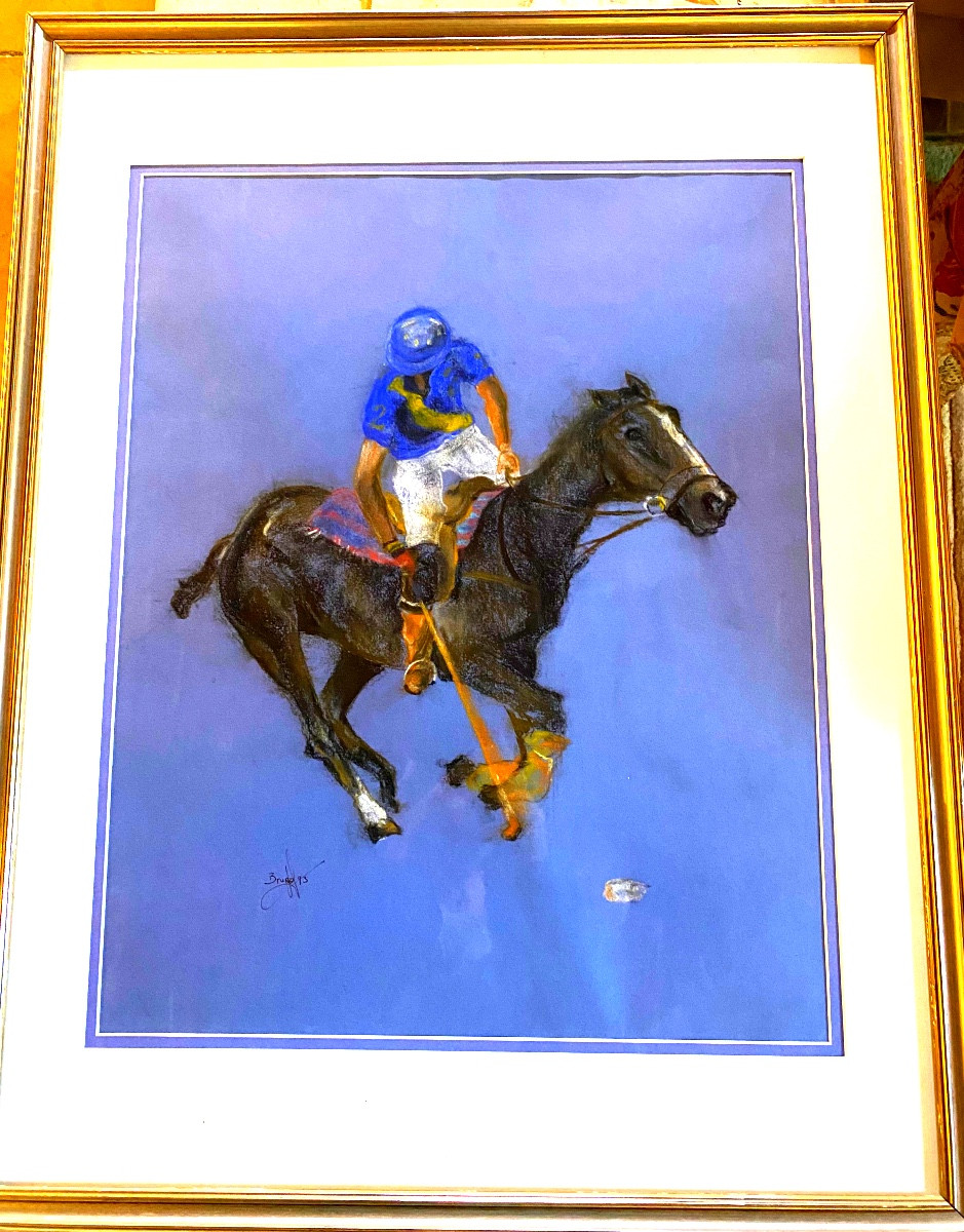  Gouache Drawing Of A Polo Player In Action, Signed Brugg  -photo-3