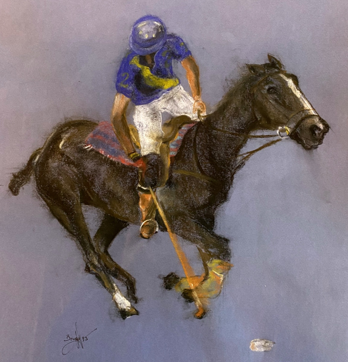  Gouache Drawing Of A Polo Player In Action, Signed Brugg  -photo-1