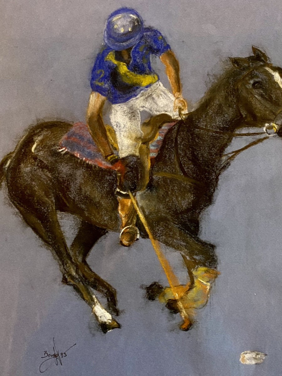  Gouache Drawing Of A Polo Player In Action, Signed Brugg  -photo-3