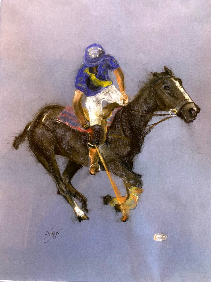  Gouache Drawing Of A Polo Player In Action, Signed Brugg  