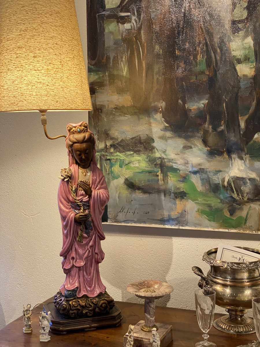  LAMPE EN PORCELAINE  DE COULEURS  DE BALI   À FLEUR  SYMBOLE   DE DIEU  ISWARA   BASE EN BOIS -photo-2