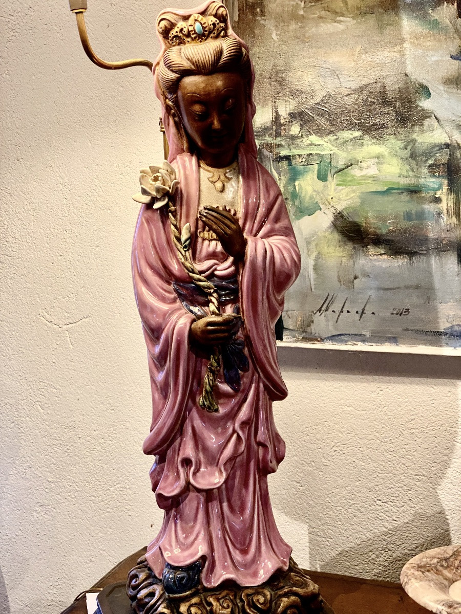  LAMPE EN PORCELAINE  DE COULEURS  DE BALI   À FLEUR  SYMBOLE   DE DIEU  ISWARA   BASE EN BOIS -photo-5