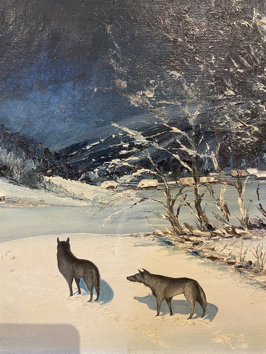 19th Century Painting: Wolves Near A Village In Russia -photo-3