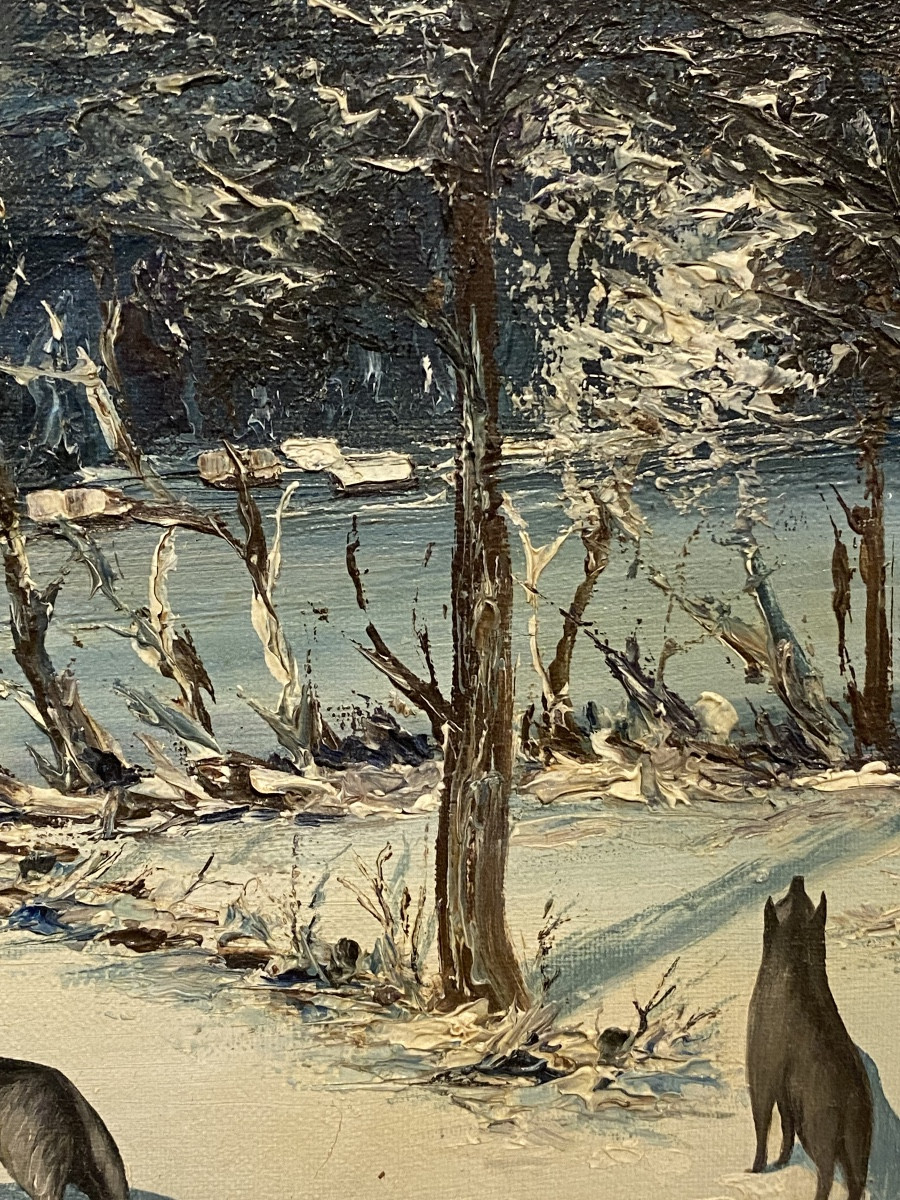 19th Century Painting: Wolves Near A Village In Russia 