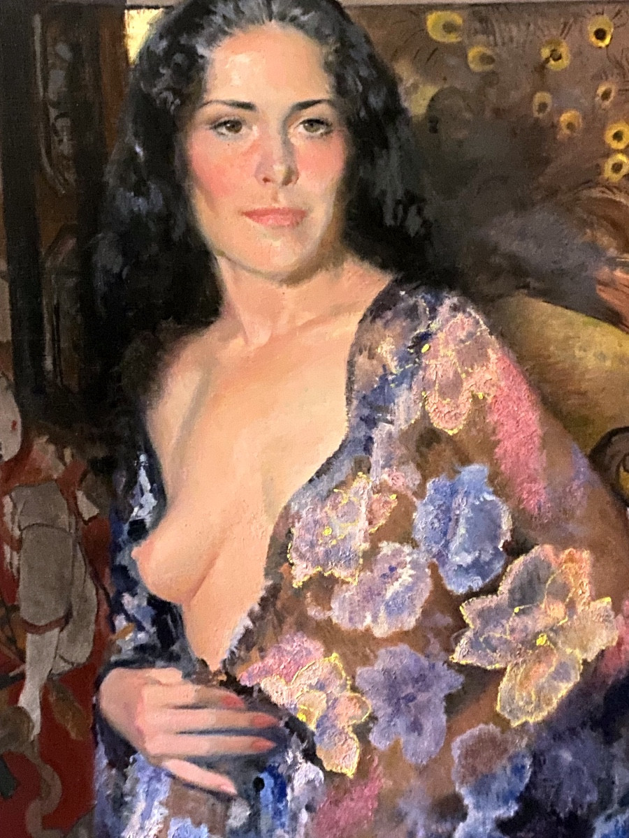 19th Century Impressionist Japanese-style Painting On Panel: Woman In Dressing Gown Showing One Breast -photo-3