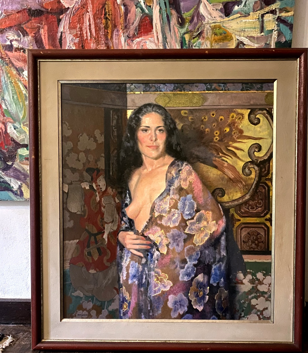 19th Century Impressionist Japanese-style Painting On Panel: Woman In Dressing Gown Showing One Breast -photo-1