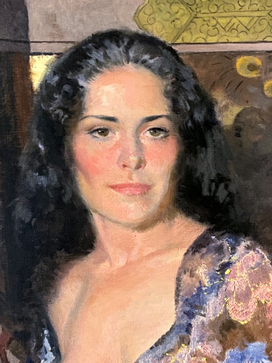 19th Century Impressionist Japanese-style Painting On Panel: Woman In Dressing Gown Showing One Breast -photo-3