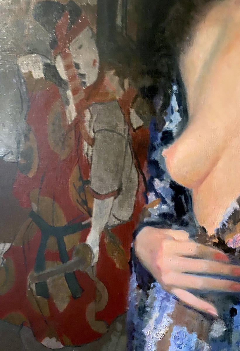 19th Century Impressionist Japanese-style Painting On Panel: Woman In Dressing Gown Showing One Breast -photo-5