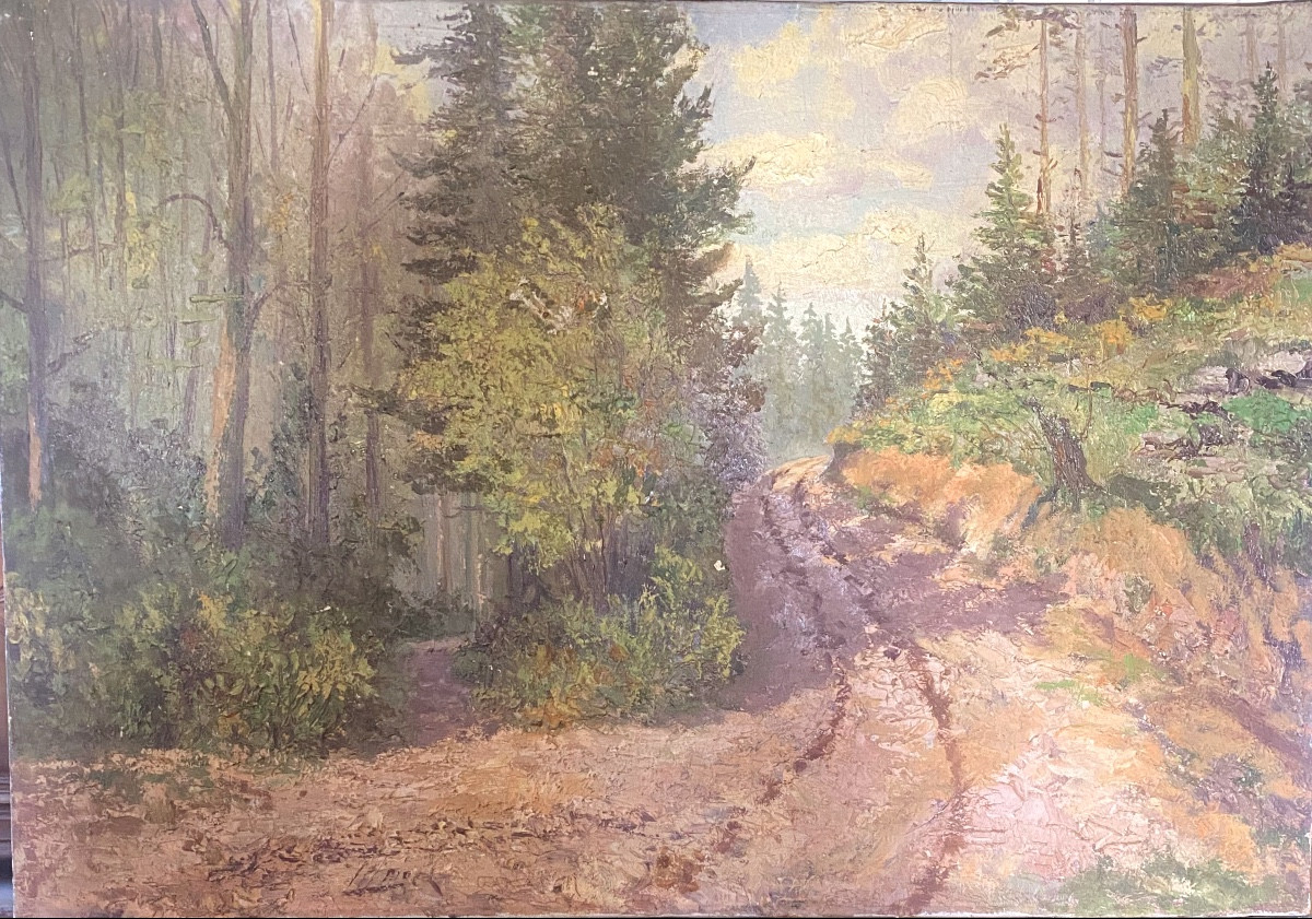  GRAND  PAYSAGE    De  CHEMINS   FORESTIERS   HST  POST IMPRESSIONNISTE  XX ème   