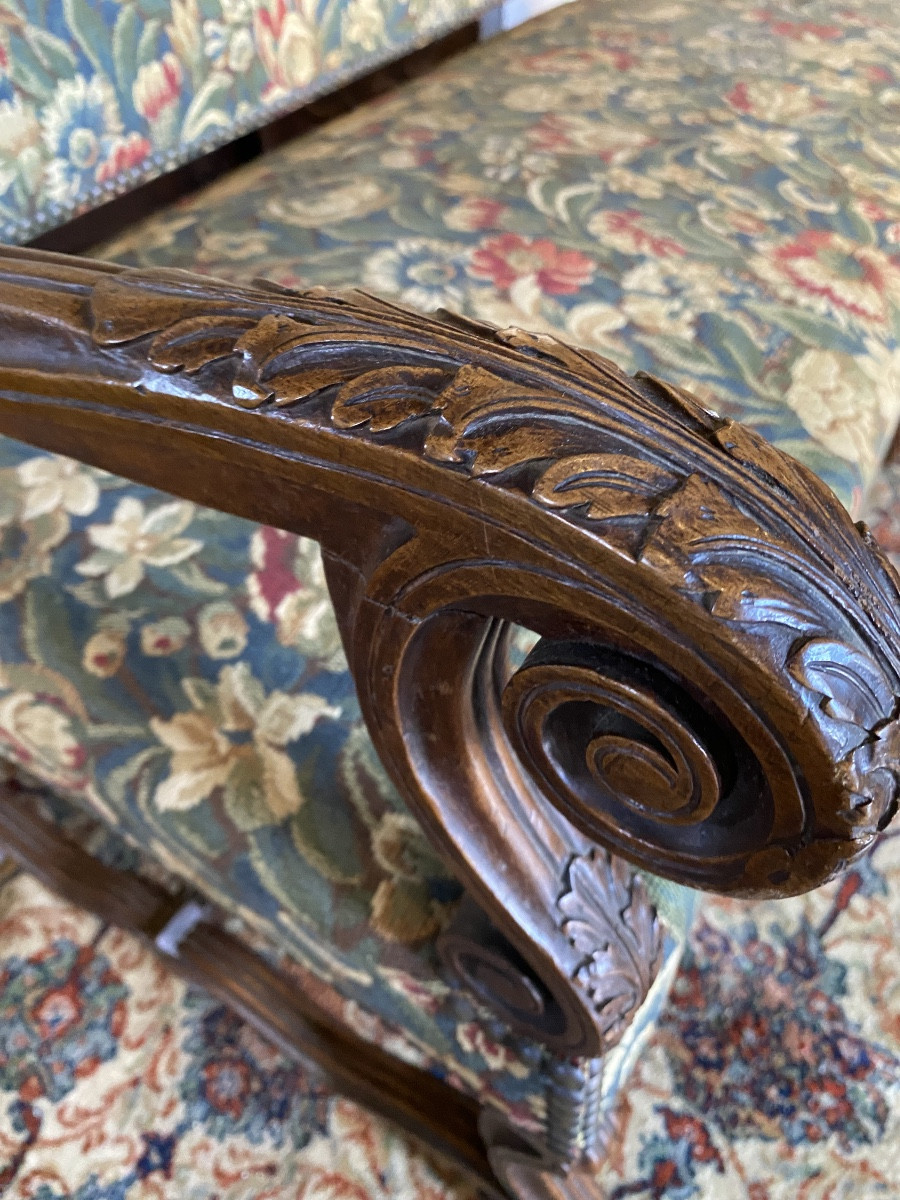 GRANDE BANQUETTE  D'ENTRÉE  XIX  EN  NOYER   GARNIE DE TAPISSERIE À FLEURS  STYLE   LOUIS XIV -photo-3