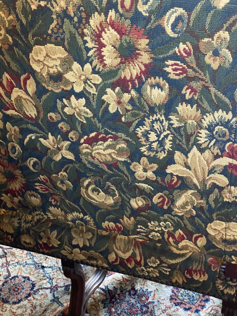 GRANDE BANQUETTE  D'ENTRÉE  XIX  EN  NOYER   GARNIE DE TAPISSERIE À FLEURS  STYLE   LOUIS XIV -photo-1