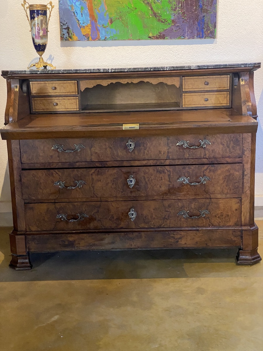 COMMODE   SECRÉTAIRE  EPOQUE  XIX ème  LOUIS PHILIPPE   EN LOUPE  D'ORME  DESSUS MARBRE -photo-5