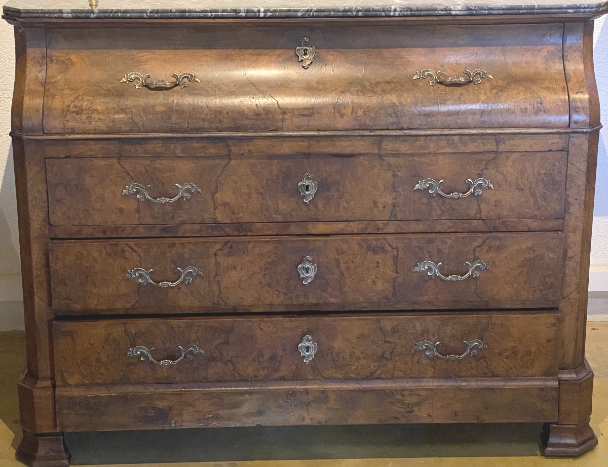 COMMODE   SECRÉTAIRE  EPOQUE  XIX ème  LOUIS PHILIPPE   EN LOUPE  D'ORME  DESSUS MARBRE -photo-3