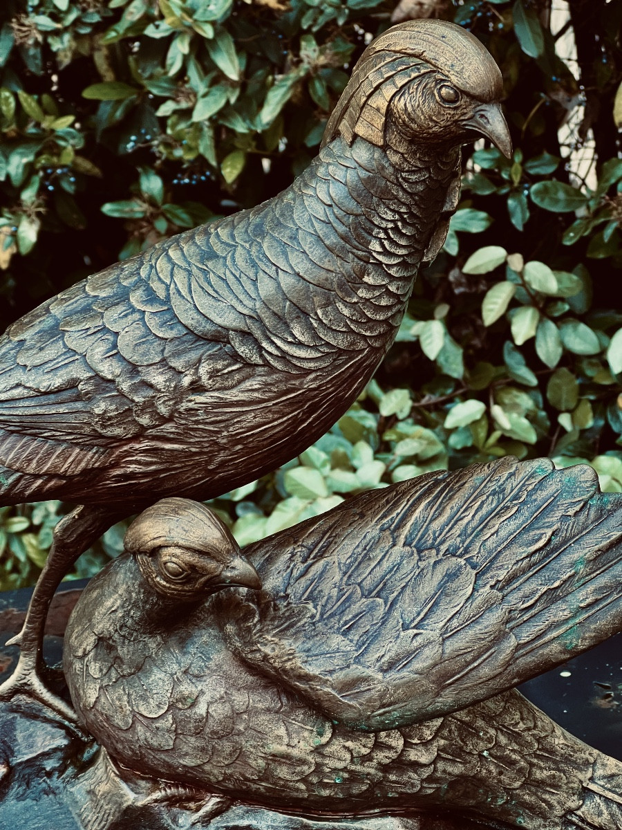 SCULPTURE   RUSSE  EN BRONZE  ART DÉCO   1930  d'un  FAISAN  ET FAISANE  PAR  GEORGE  LAVROFF -photo-2
