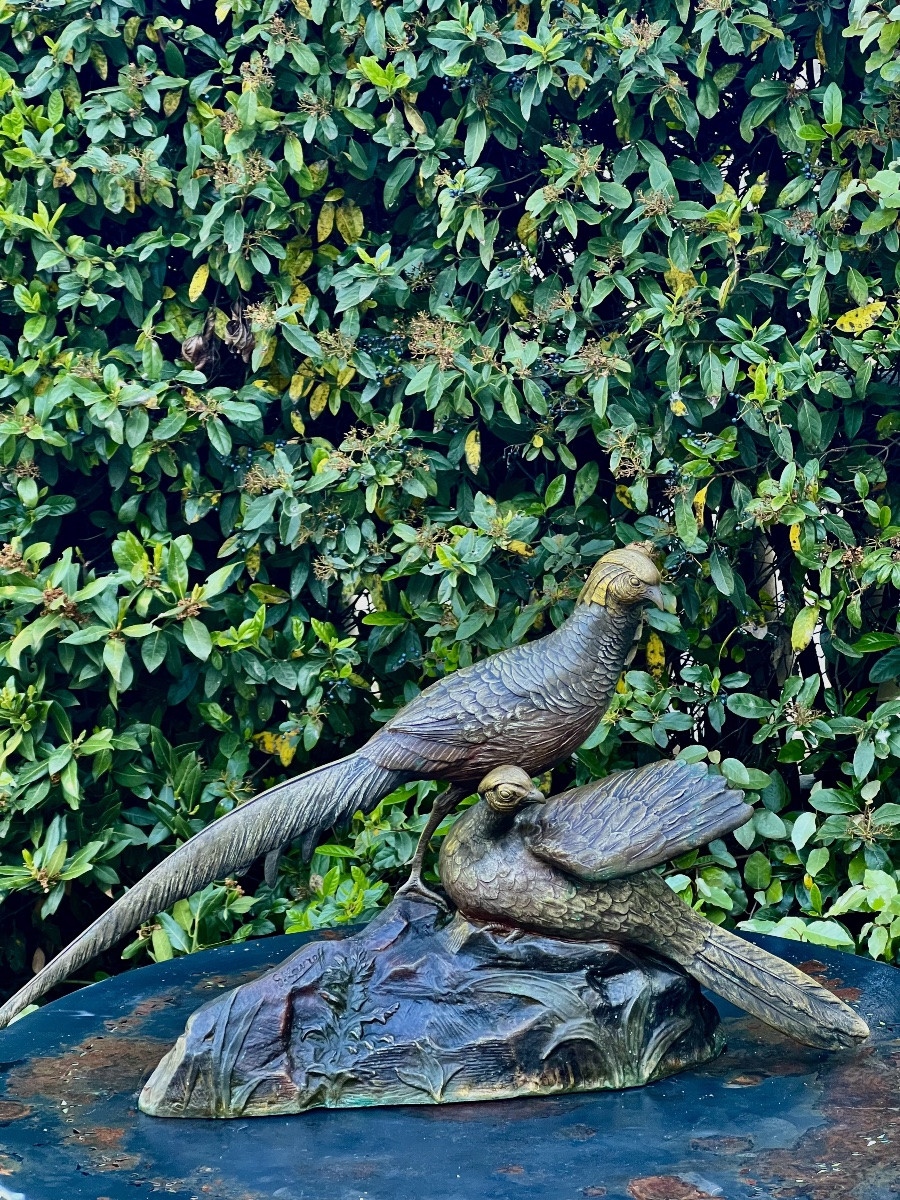 1930 Russian Art Deco Bronze Sculpture Of A Faisan And Faisane By George Labroff-photo-4