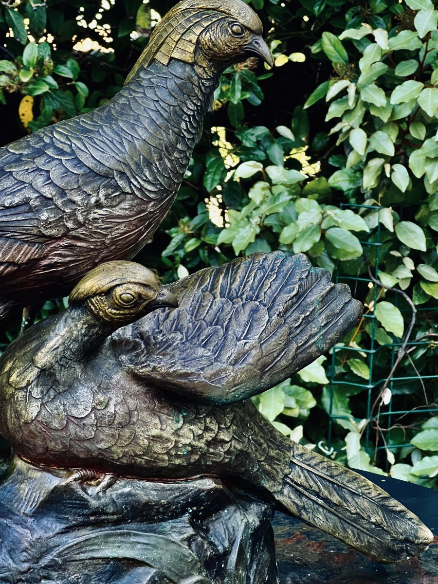 1930 Russian Art Deco Bronze Sculpture Of A Faisan And Faisane By George Labroff-photo-5
