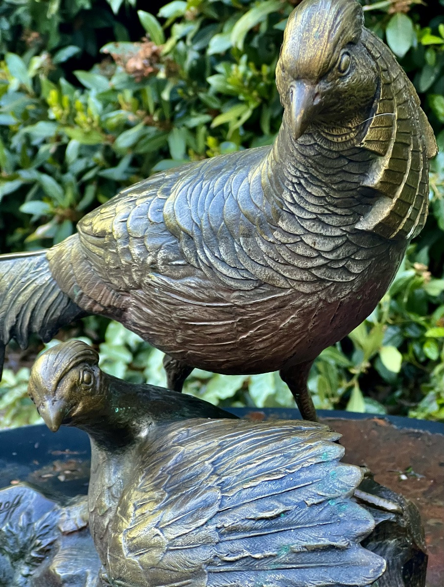 1930 Russian Art Deco Bronze Sculpture Of A Faisan And Faisane By George Labroff-photo-6