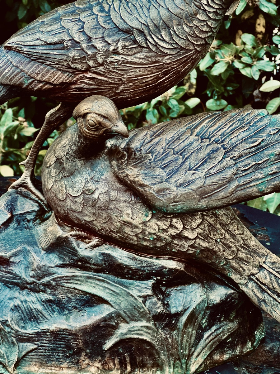SCULPTURE   RUSSE  EN BRONZE  ART DÉCO   1930  d'un  FAISAN  ET FAISANE  PAR  GEORGE  LAVROFF -photo-3