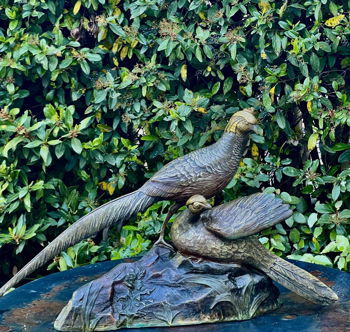 1930 Russian Art Deco Bronze Sculpture Of A Faisan And Faisane By George Labroff
