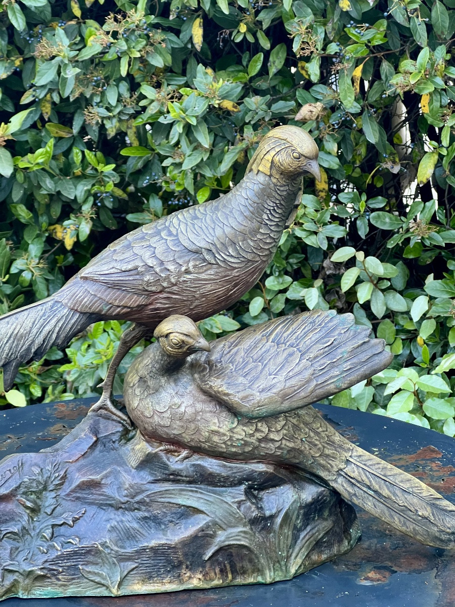 SCULPTURE   RUSSE  EN BRONZE  ART DÉCO   1930  d'un  FAISAN  ET FAISANE  PAR  GEORGE  LAVROFF 