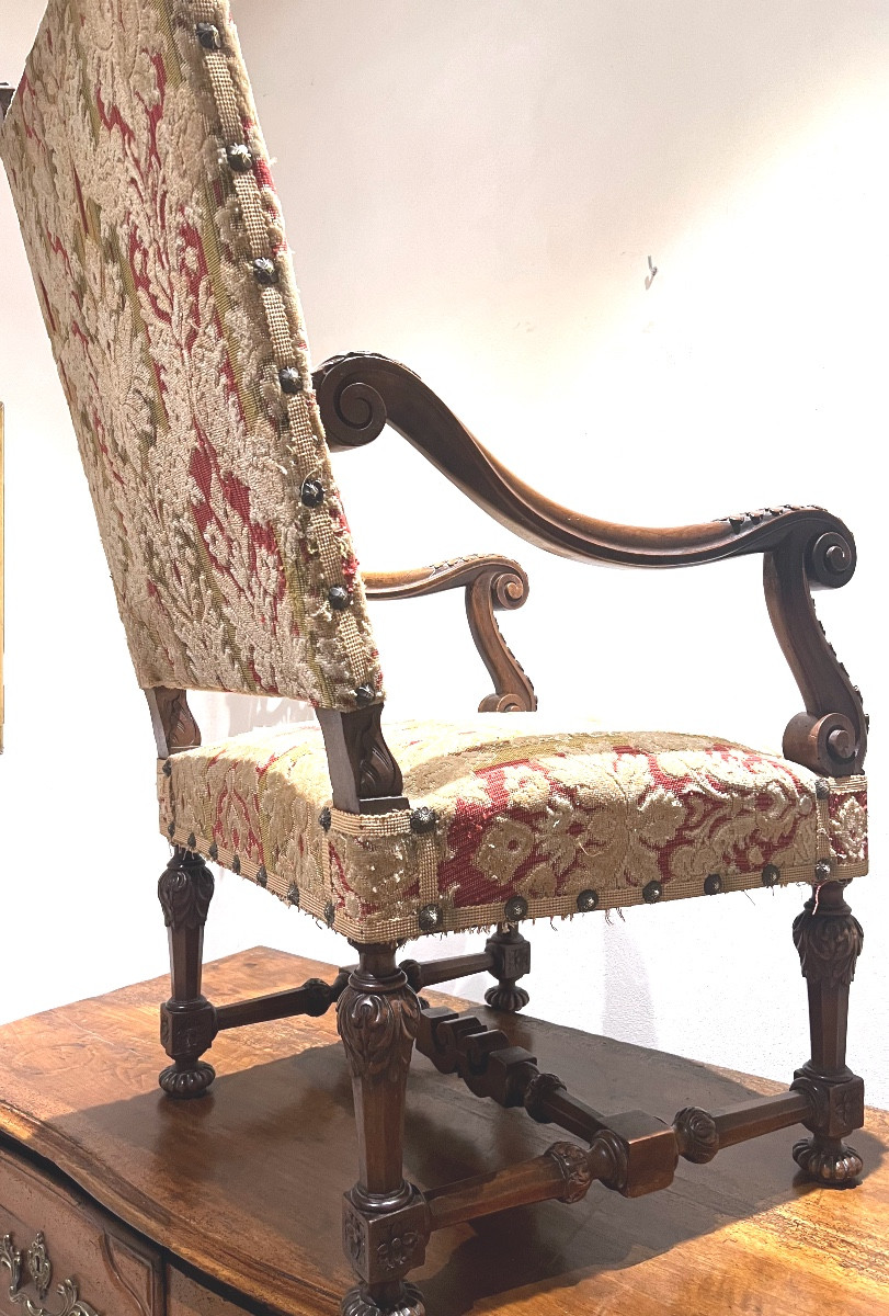 Pair Of Louis XIV Period Walnut Armchairs Upholstered In Floral Tapestry-photo-2