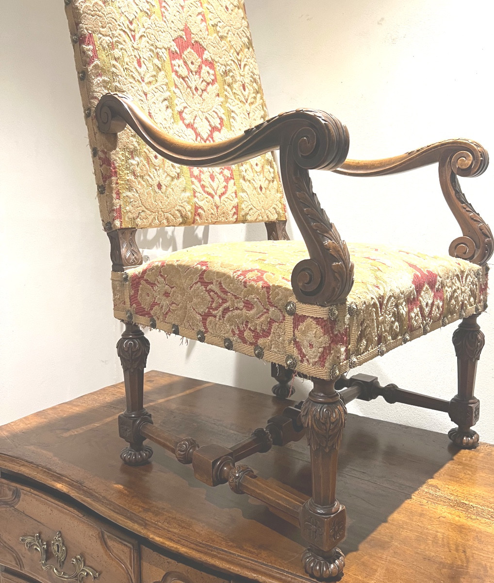 Pair Of Louis XIV Period Walnut Armchairs Upholstered In Floral Tapestry-photo-3