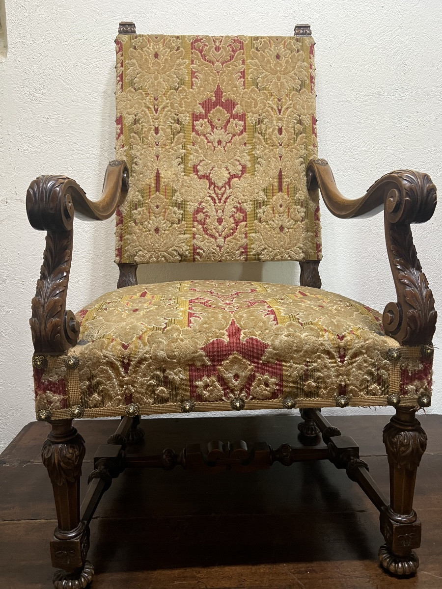 Pair Of Louis XIV Period Walnut Armchairs Upholstered In Floral Tapestry-photo-4